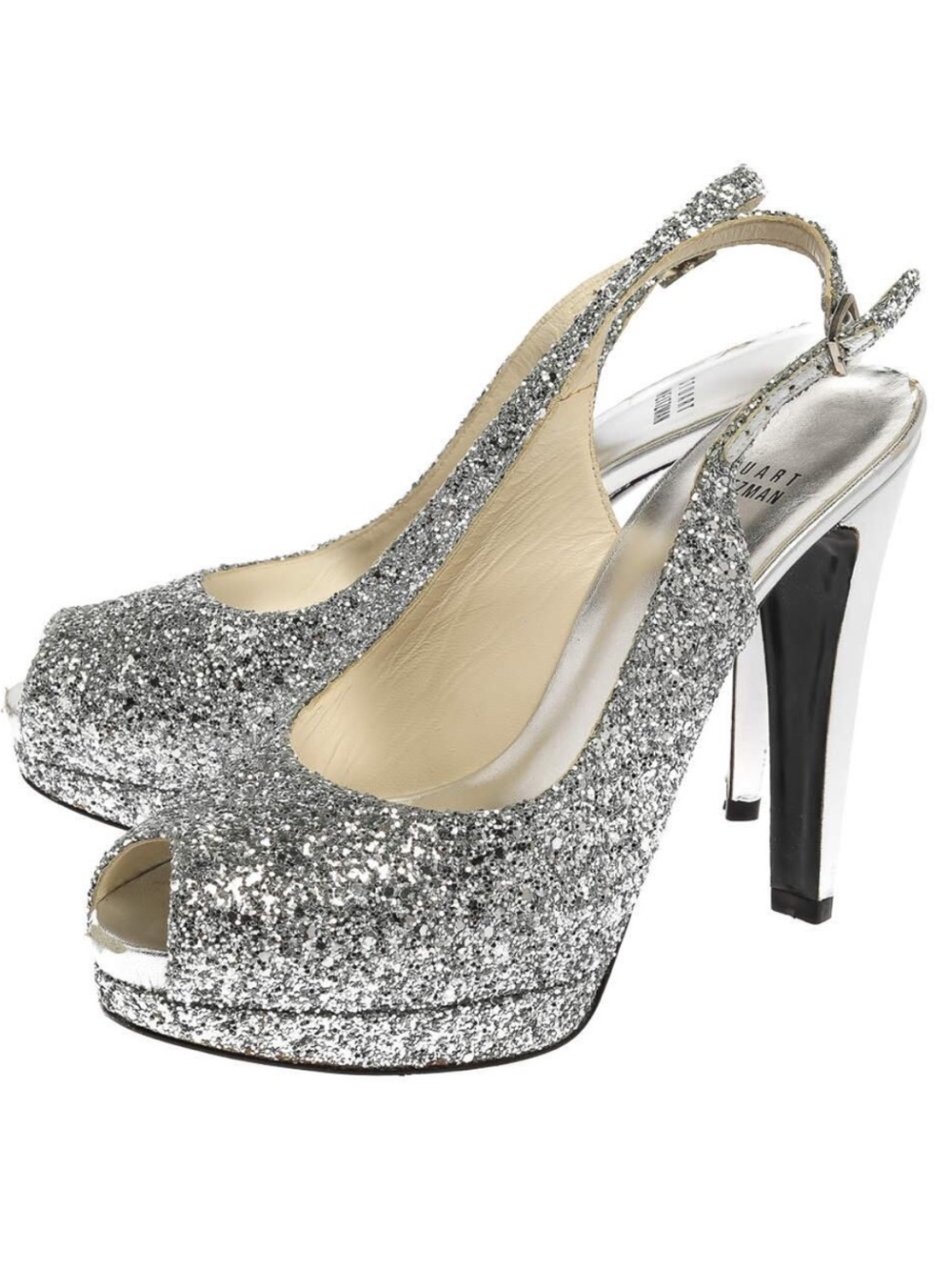 Stuart Weitzman Silver Glitter Peep Toe Sling Backs Platforms- 8.5
